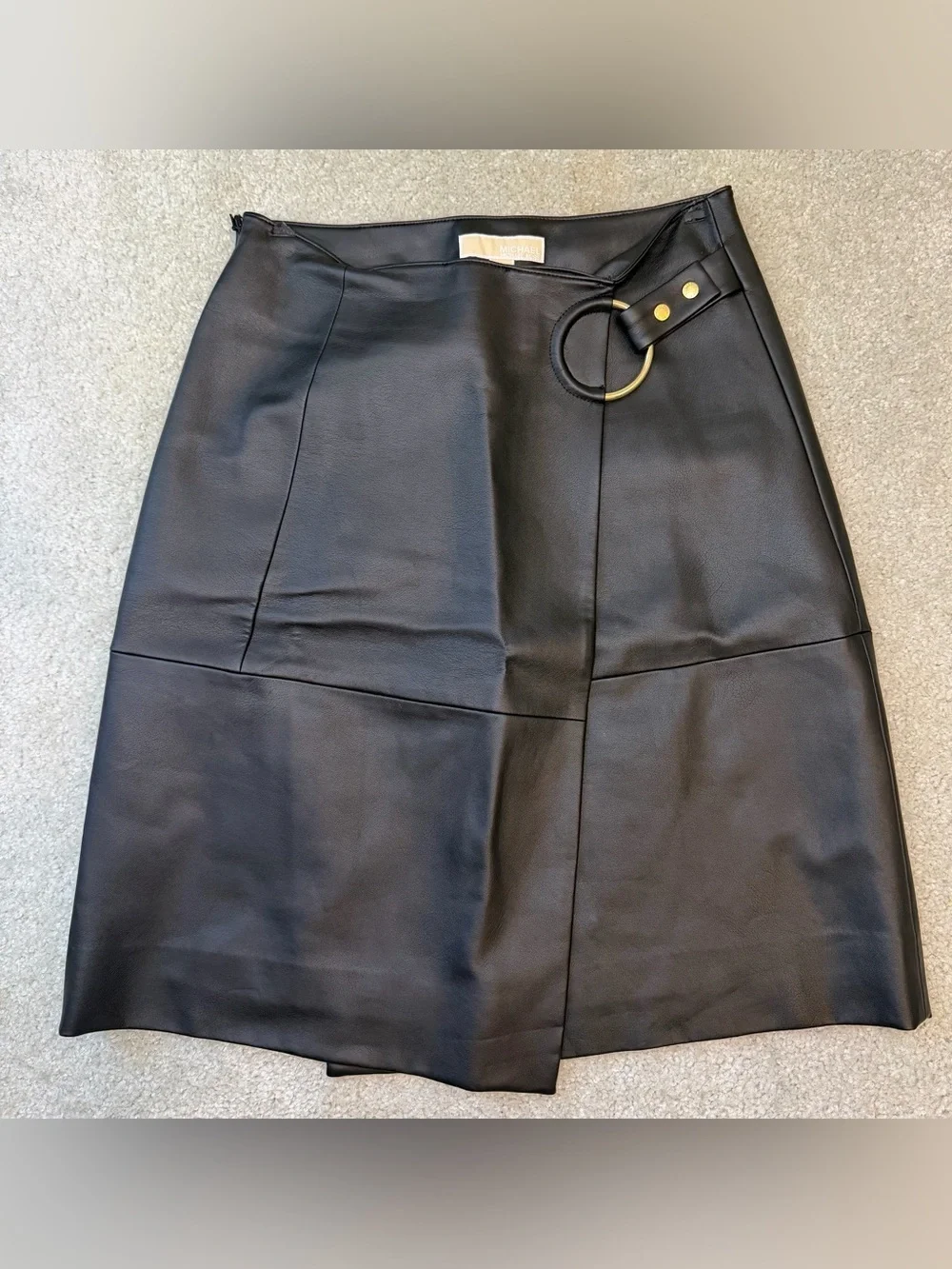 Michael Kors Black Faux Leather A-Line Skirt with Ring Detail